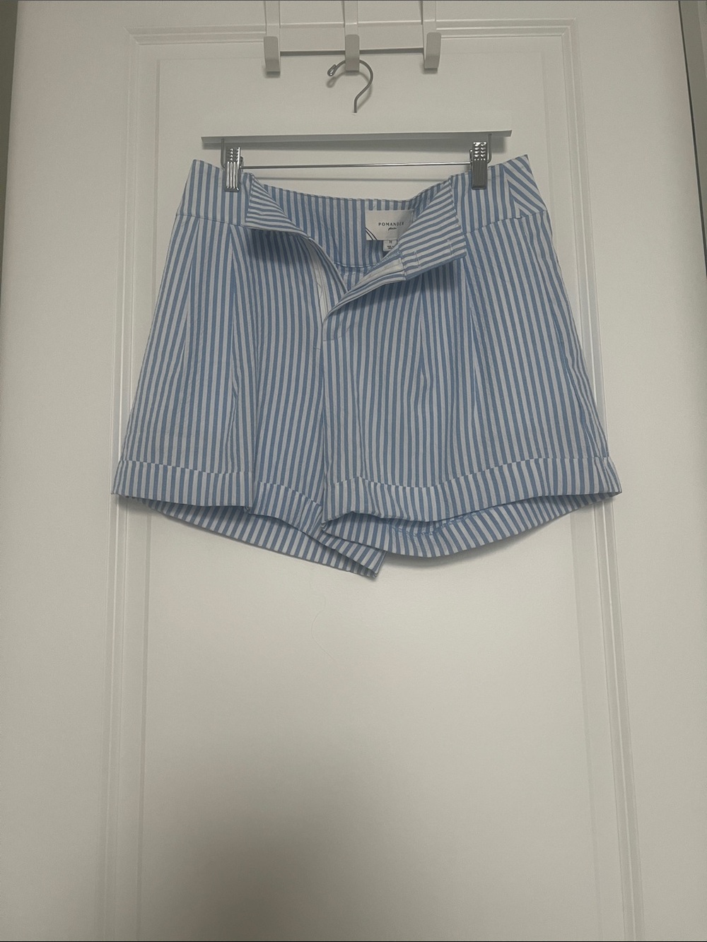 Pomander Place Light Blue & White Striped High-Waist Shorts
